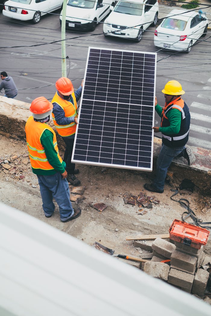 About Workers in safety gear installing a solar panel outdoors.